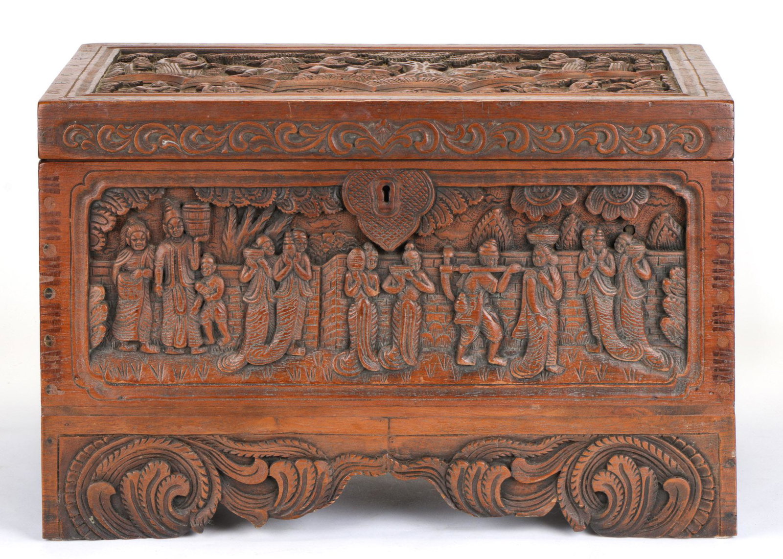 Fine Burmese Carved Teak Wedding Chest, Late 19th/Early: Fine Burmese Carved Teak Wedding Chest, Late 19th/Early 20th Century. Highly detailed carved lid and sides with figural and Buddhist scenes; underside of lid with carved arcade and central mirror; the