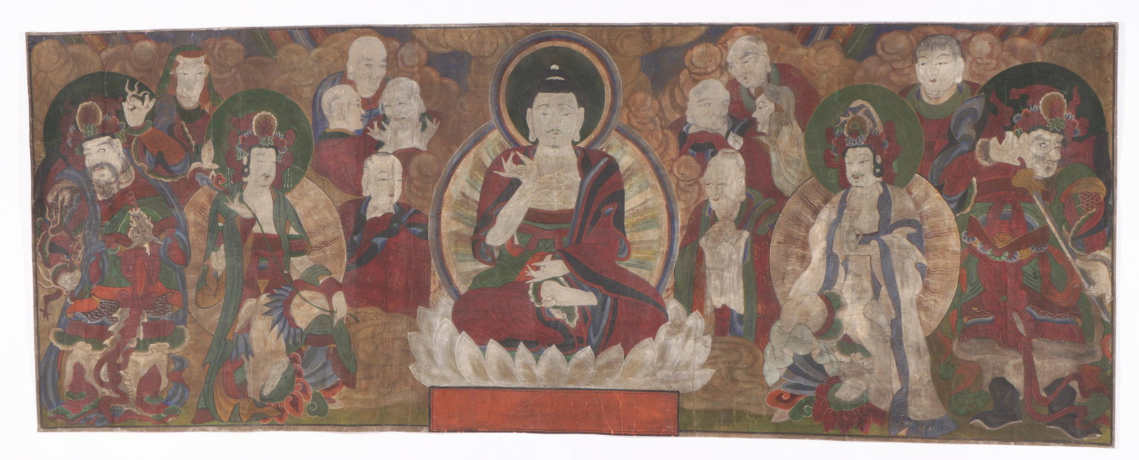 Antique Scroll Painting of Buddha and Celestial Beings,: Antique Scroll Painting of Buddha and Celestial Beings, 19th c. or earlier, Korea. Size: 86'' x 32'' (218 x 81 cm). Provenance: Apsara Arts of Asia. Please Note: There Are No Hidden or Confidential Re
