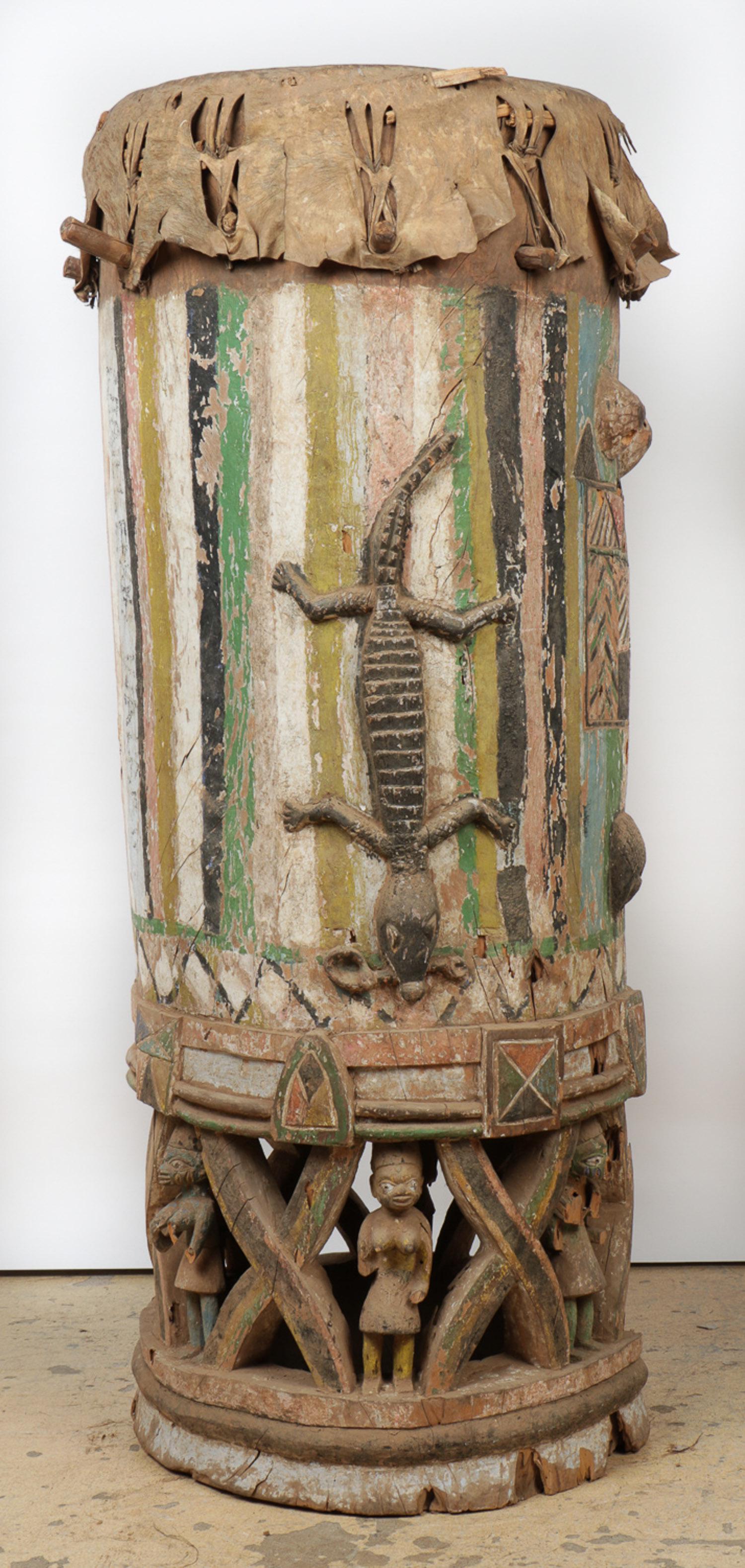 African Baule Drum: African Baule Drum. Carved and paint decorated wood with skin. Collection of Allan Stone, New York. Size: 62'' x 33'' (157 x 84 cm). Please Note: There Are No Hidden or Confidential Reserves in this A