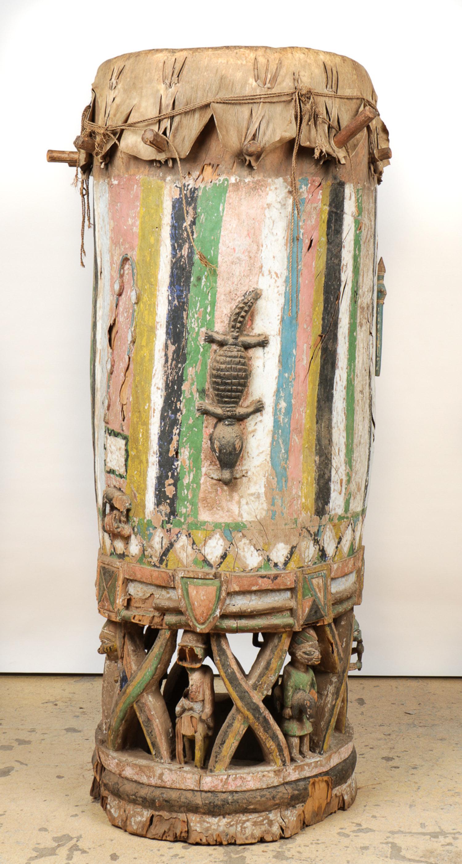 African Baule Drum: African Baule Drum. Collection of Allan Stone, New York. Carved and paint decorated wood with skin. Size: 62'' x 34'' (157 x 86 cm). Please Note: There Are No Hidden or Confidential Reserves in this A