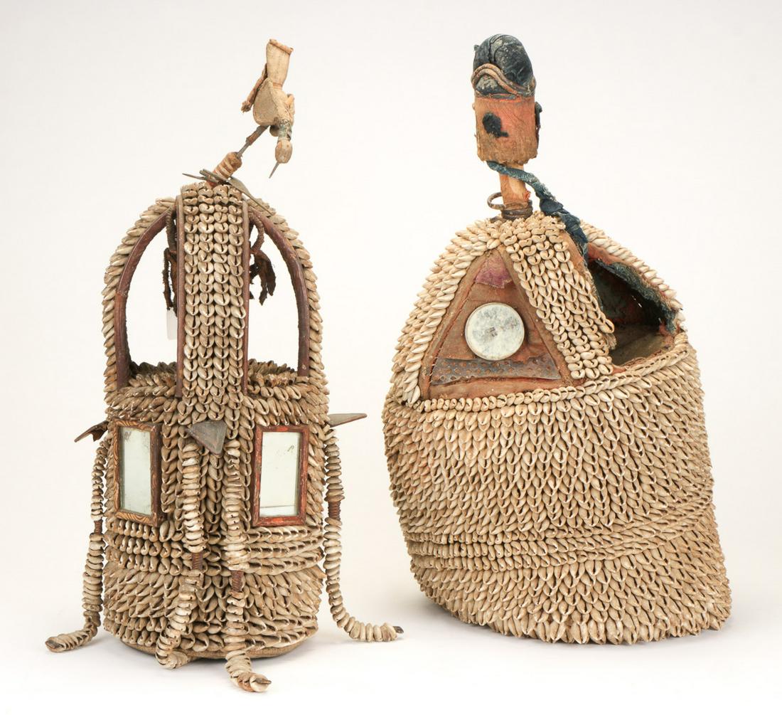 Two African Yoruba "House of the Head" Altars: Two African Yoruba "House of the Head" Altars. Cowrie shells, cloth, wood, fabric and leather. Collection of Allan Stone, New York. Sizes: 1) 28'' x 13'' x 13'' (71 x 33 x 33 cm); 2) 25'' x 9.5'' x 9.