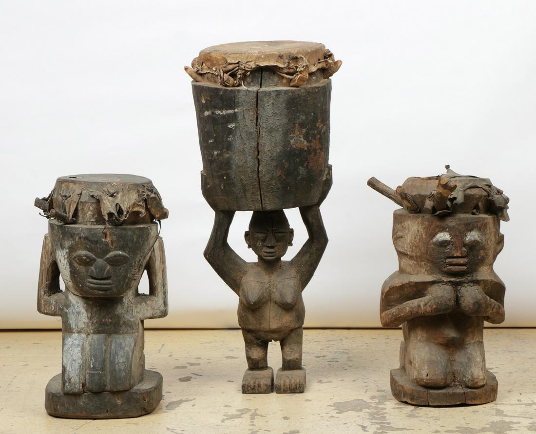 Three African Yoruba Figural Drums: Three African Yoruba Figural Drums. Carved wood and skin. Collection of Allan Stone, New York. Ranging in size from: 24'' x 13.5'' (61 x 34 cm) diameter to 37.5'' x 17'' x 16.5'' (95 x 43 x 42 cm). Pl