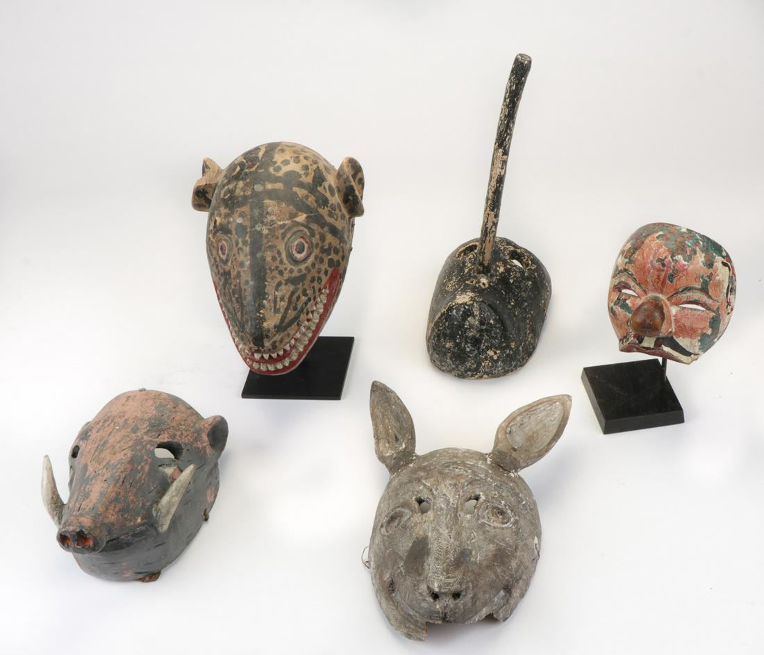 Group of Festival Masks: Group of Festival Masks. Including four Mexican and Central American and one Javanese Topeng dance mask. Carved and paint decorated wood. Collection of Allan Stone, New York. Ranging in size from: 6''