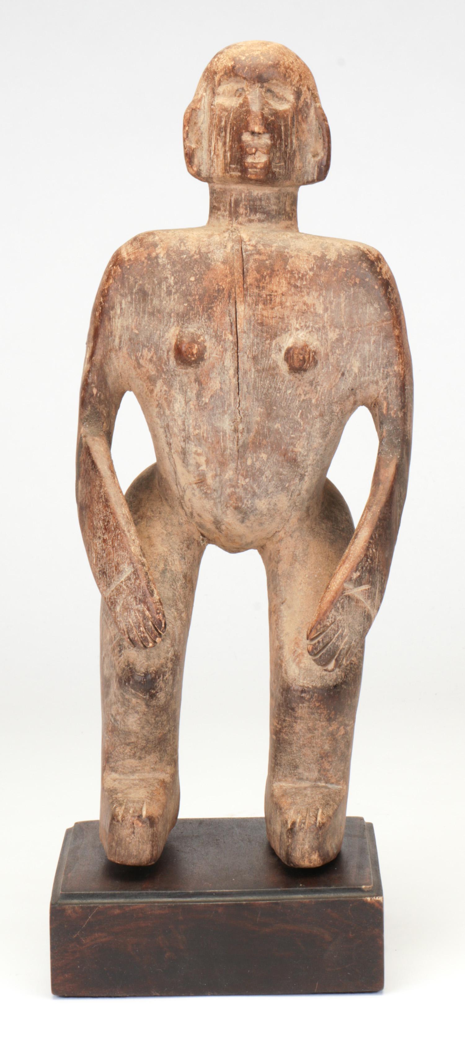 African Mumuye Montol Statue, Nigeria: African Mumuye Montol Statue, Nigeria West Africa. Provenenace: Ex Collection of Larry Goldblatt, New York City. Size: 15'' x 6'' x 5'' (38 x 15 x 13 cm). Height on stand: 16.5" (42 cm). Please Note: 