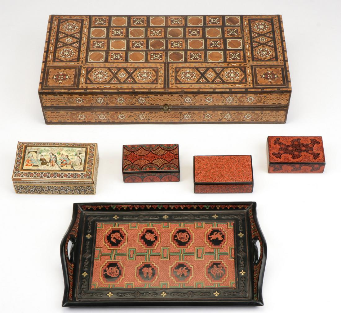 Mixed Ethnographic Lot of Lacquer and Inlay: Mixed ethnographic lot consisting of: 3 lidded Burmese lacquer boxes; 1 Burmese lacquer tray; mosaic lidded box, Iran; chess/backgammon board with inlaid wood, Egypt. Ranging in size from: 3'' x 2'' x