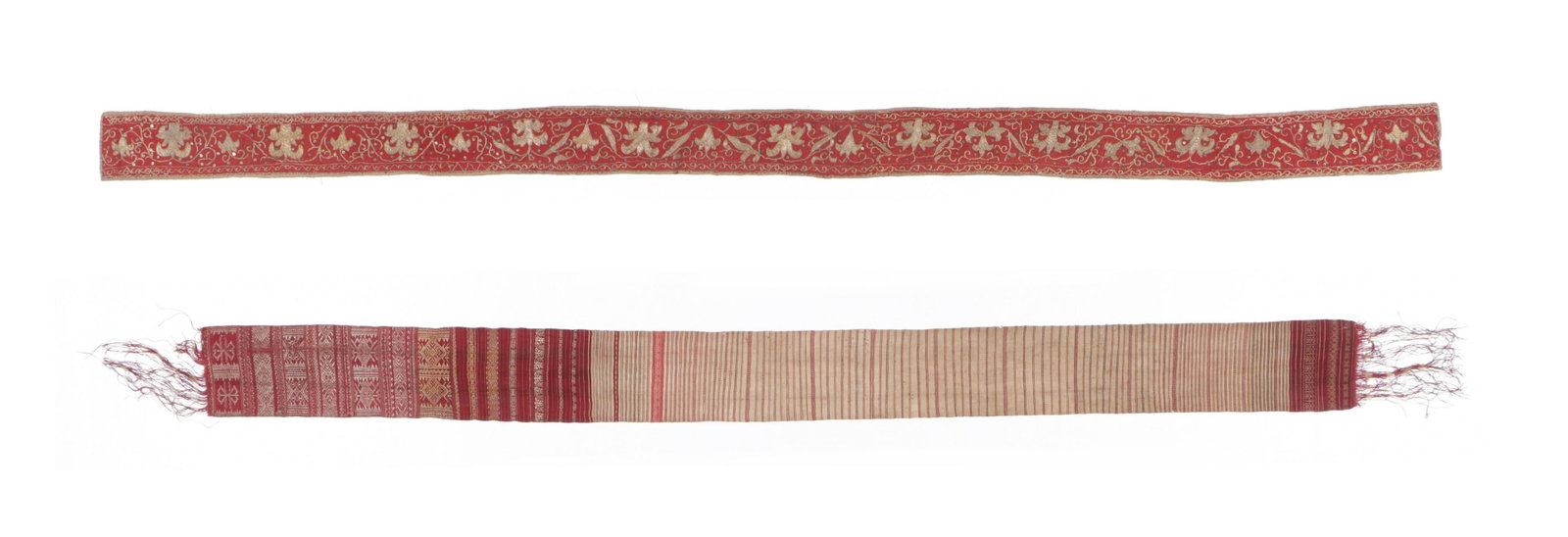 Two Ceremonial Belts, Sumatra: Two Ceremonial Belts, Sumatra. Including an Ikek pinggang, man's ceremonial belt, silk songket with metal-wrapped threads, Minangkabau, Sumatra; and belt, couched metal-wrapped thread on felt, Lampung