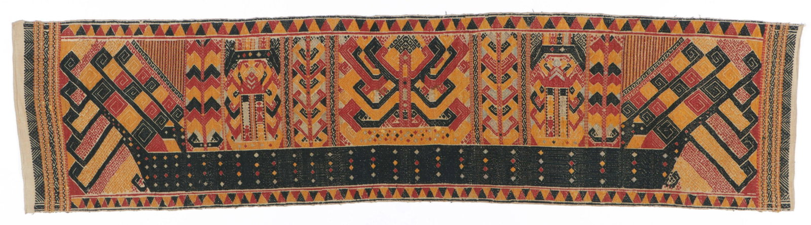 Fine Antique Palepai Ceremonial Shipcloth Hangin: Fine Antique Palepai Ceremonial Shipcloth Hanging. Supplementary weft on handspun cotton, natural dyes, over 100 years old, some minor repairs, Kayu Agung, Lampung, Sumatra, Indonesia. Size: 96'' x 23