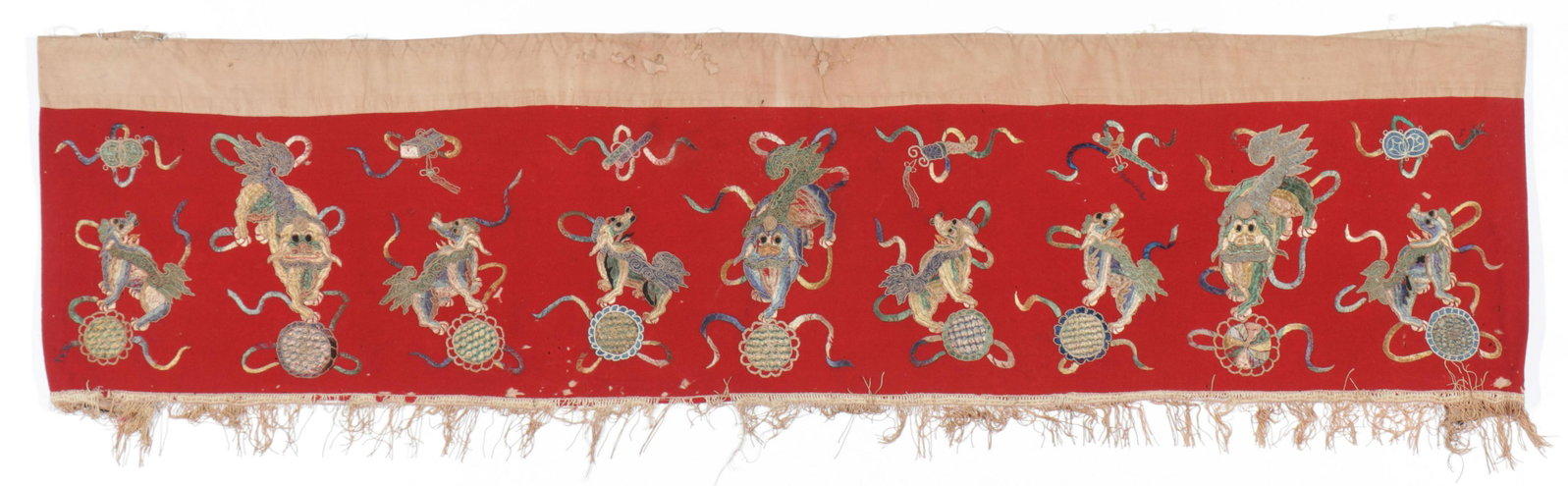 Embroidered Ceremonial Hanging, Miao People, China: Embroidered ceremonial hanging with lions, couched and embroidered cotton, Miao people, Guizhou, China.Size: 70'' x 17'' (178 x 43 cm). Provenance: Apsara Arts of Asia. Please Note: There Are No Hidde