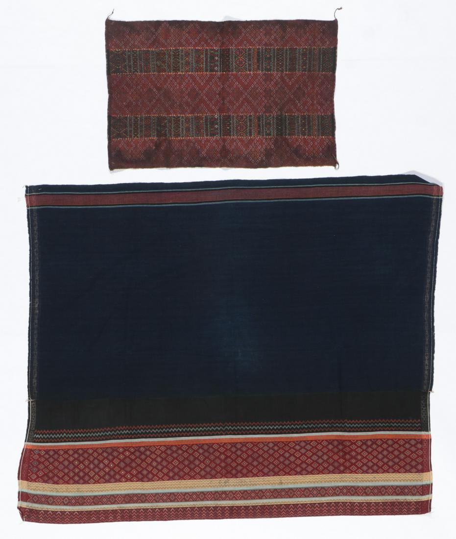 Two Chin People Textiles, Myanmar: Two Chin People Textiles, Myanmar. Including a sarong and a woman's breastcloth, cotton and silk, early to mid 20th century. Sizes: 1) 26'' x 16'' (66 x 41 cm); 2) 47'' x 37'' (119 x 94 cm). Provenanc