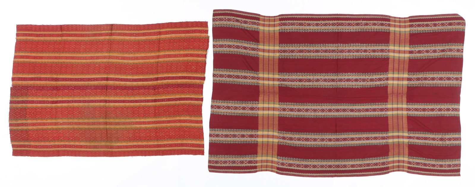 Two Antique Hakka Chin Textiles, Myanmar: Two Antique Chin Textiles, Myanmar. Including a woman's skirt cloth, silk; and a man's ceremonial silk dressing blanket, early 20th century, Hakka Chin people. Sizes: 1) 58'' x 40'' (147 x 102 cm); 2)