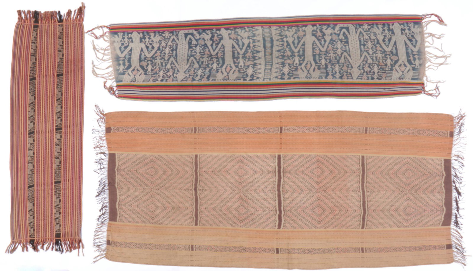Three Old Timor Men's Cotton Ikat Textiles: Three Old Timor Men's Cotton Ikat Textiles. Including a "selendang"; a man's mantle, Beboki, West Timor; and man's shoulder cloth decorated with cockerels "bet 'ana", cotton ikat with supplementary wa