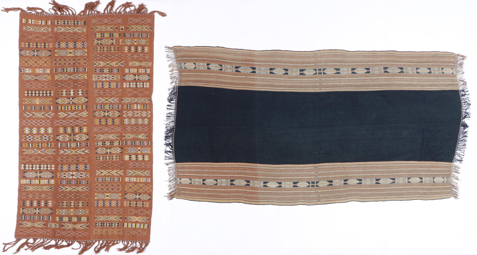 Two Old West Timor Textiles: Two Old West Timor Textiles. Including a man's cloth "beti", cotton ikat, Insana, Western Timor; and a man's cloth with rows of geometric patterns, buna supplementary pattering on hand-spun cotton gro