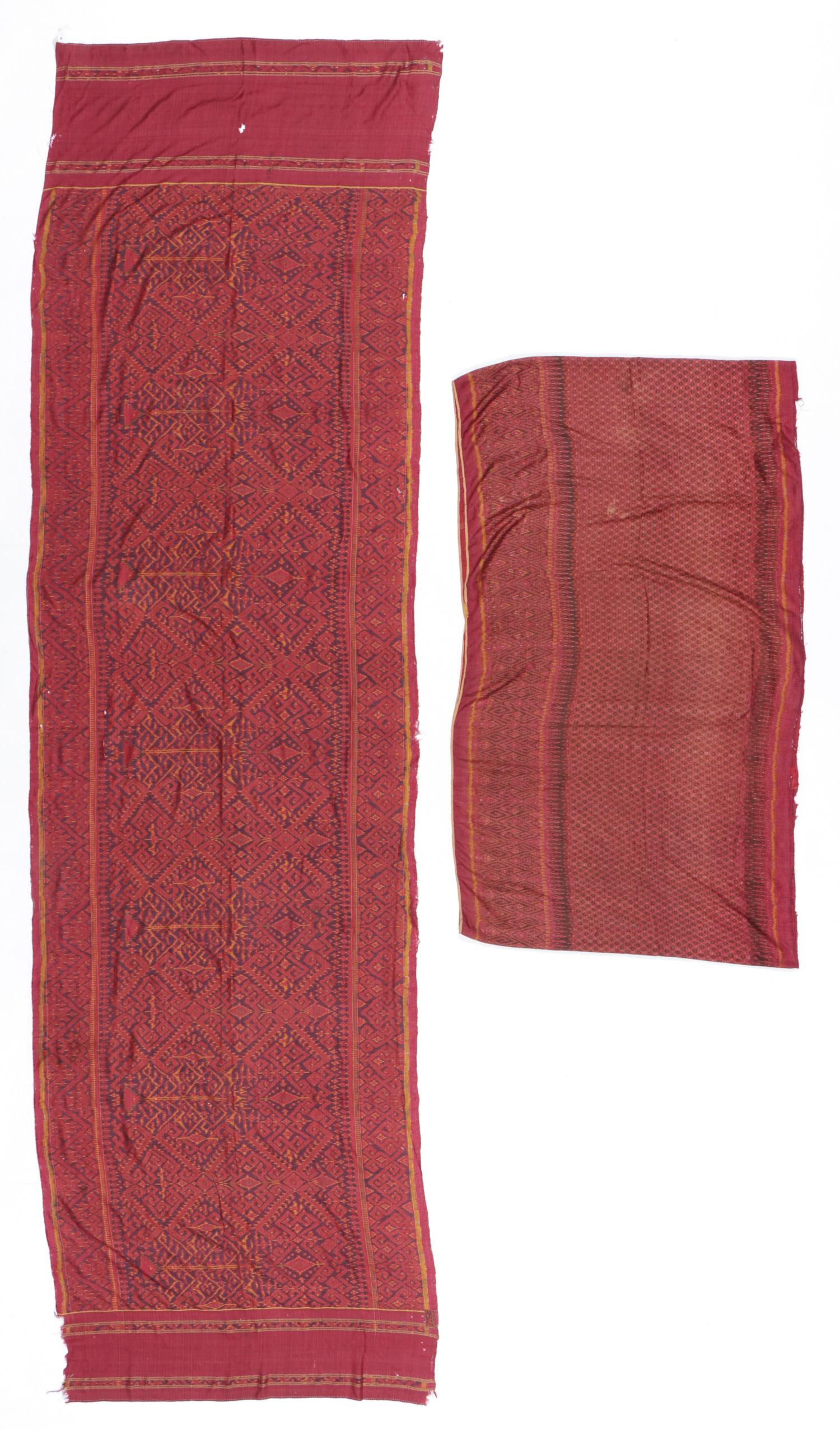 Two Cambodian Silk Ikat Textiles, Early 20th C.: Two Cambodian Silk Ikat Textiles, Early 20th Century. Including a skirt cloth, ikatted silk "matmi"; and a hip wrapper "sampat chown kbung," silk, uneven twill ground weave, resist-dyed weft, Cambodia