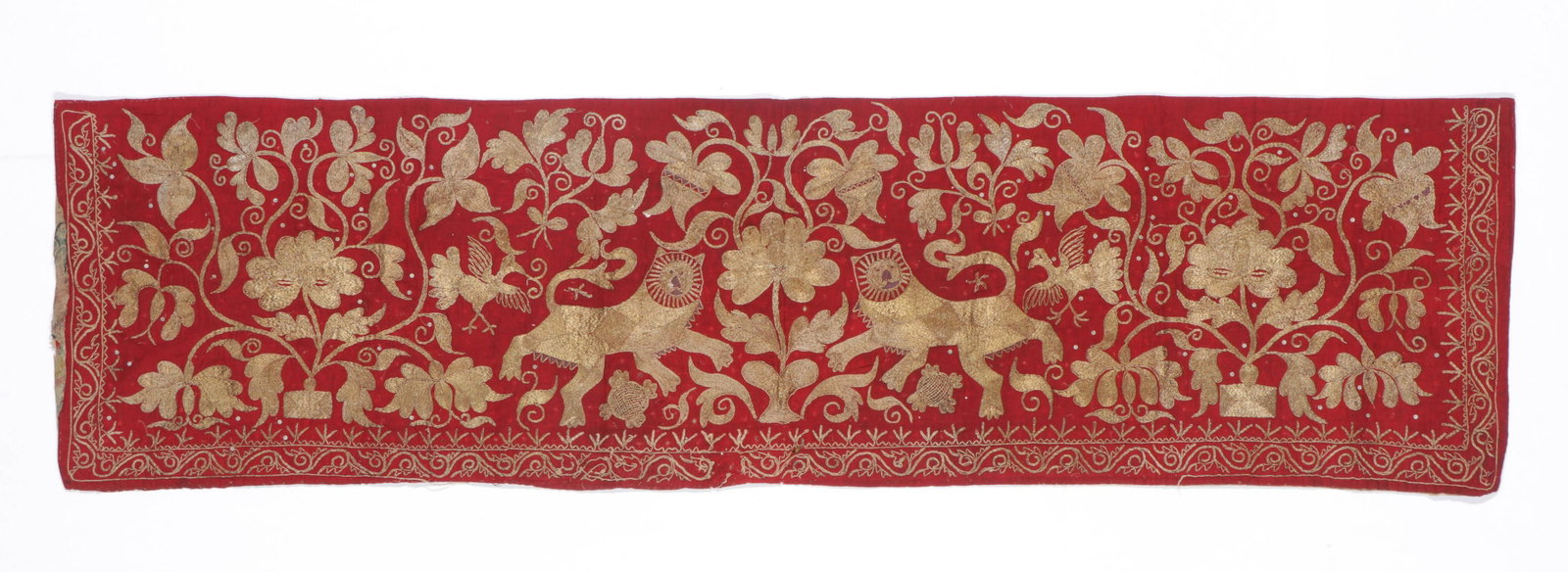 Indonesian Ceremonial "tirai" hanging: Indonesian Ceremonial "tirai" hanging, gold-wrapped thread and bangle applique on cotton ground, Minangkabau people, Sumatra. Size: 67'' x 18'' (170 x 46 cm). Provenance: Apsara Arts of Asia. Please N