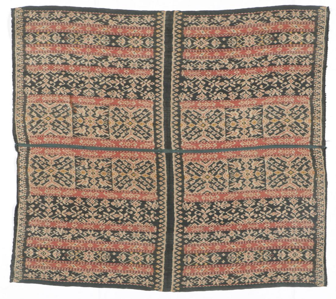 Antique Roti Ikat Man's Ceremonial "Pou" Sarong: Antique Roti Ikat Man's Ceremonial "Pou" Sarong. Cotton warp ikat, natural dyes, Roti, Indonesia, Early 20th c. Size: 49'' x 43'' (124 x 109 cm). Provenance: Apsara Arts of Asia. Please Note: There Ar