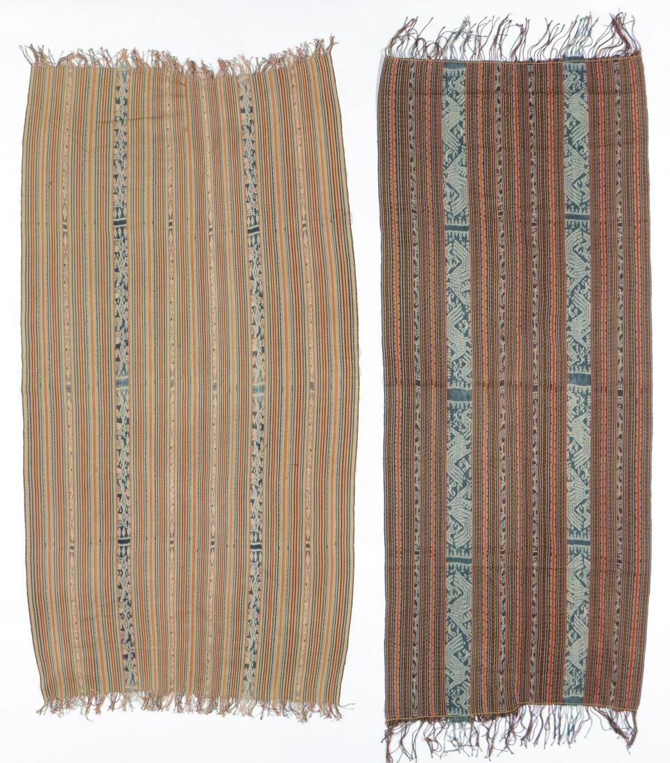 Two Old West Timor Cotton Ikat Textiles: Two Old West Timor Cotton Ikat Textiles. Man's cloth "beti" textiles, Insana, 3rd quarter 20th century. Sizes: 1) 77'' x 41'' (196 x 104 cm); 2) 82'' x 34'' (208 x 86 cm). Provenance: Apsara Arts of A