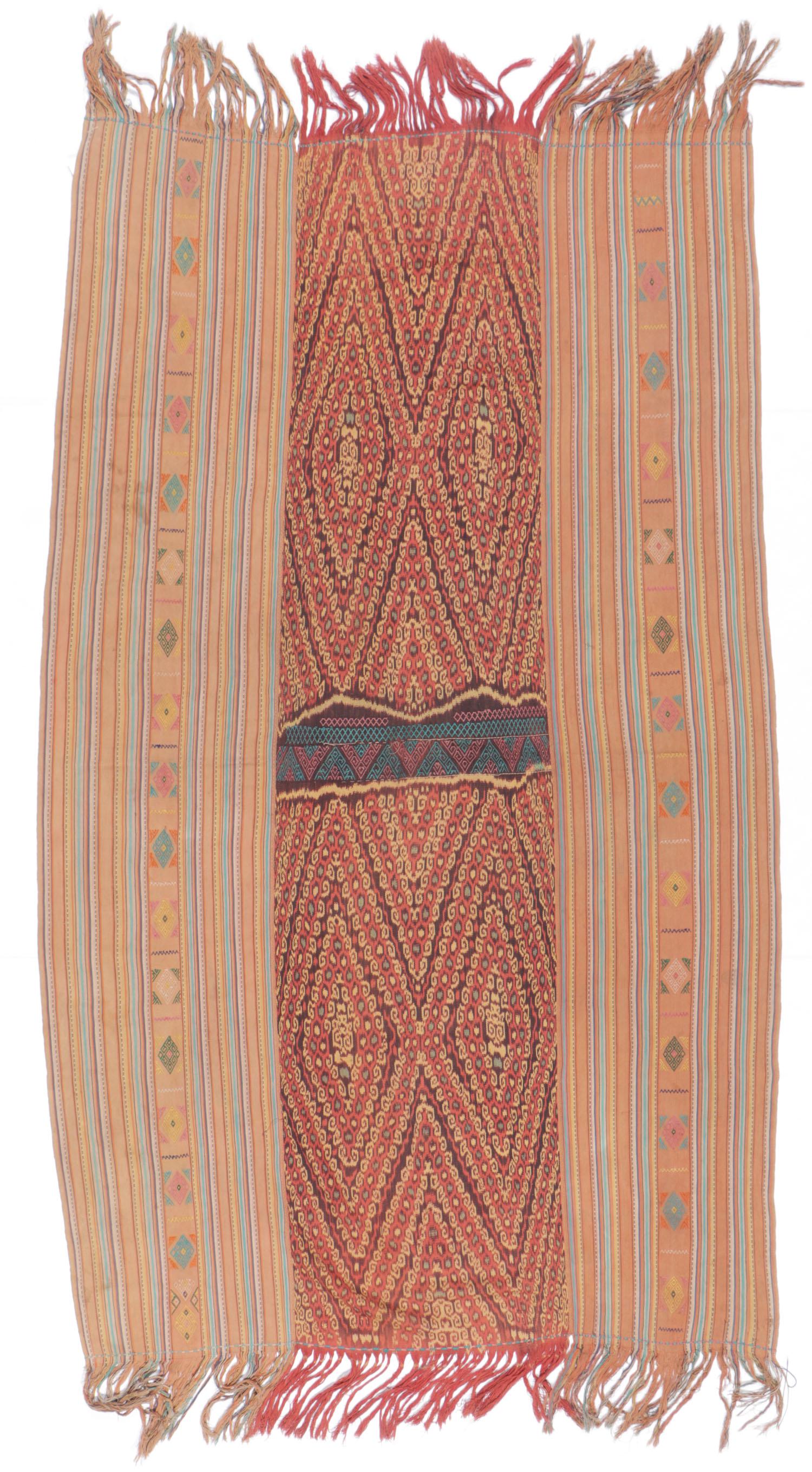 Old West Timor Ikat Embroidered Textile: Old West Timor Ikat Embroidered Textile. Man's mantle, "mau", cotton ikat with buna embroidery, Amanuban, West Timor. Size: 67'' x 39'' (170 x 99 cm). Provenance: Apsara Arts of Asia. Please Note: The
