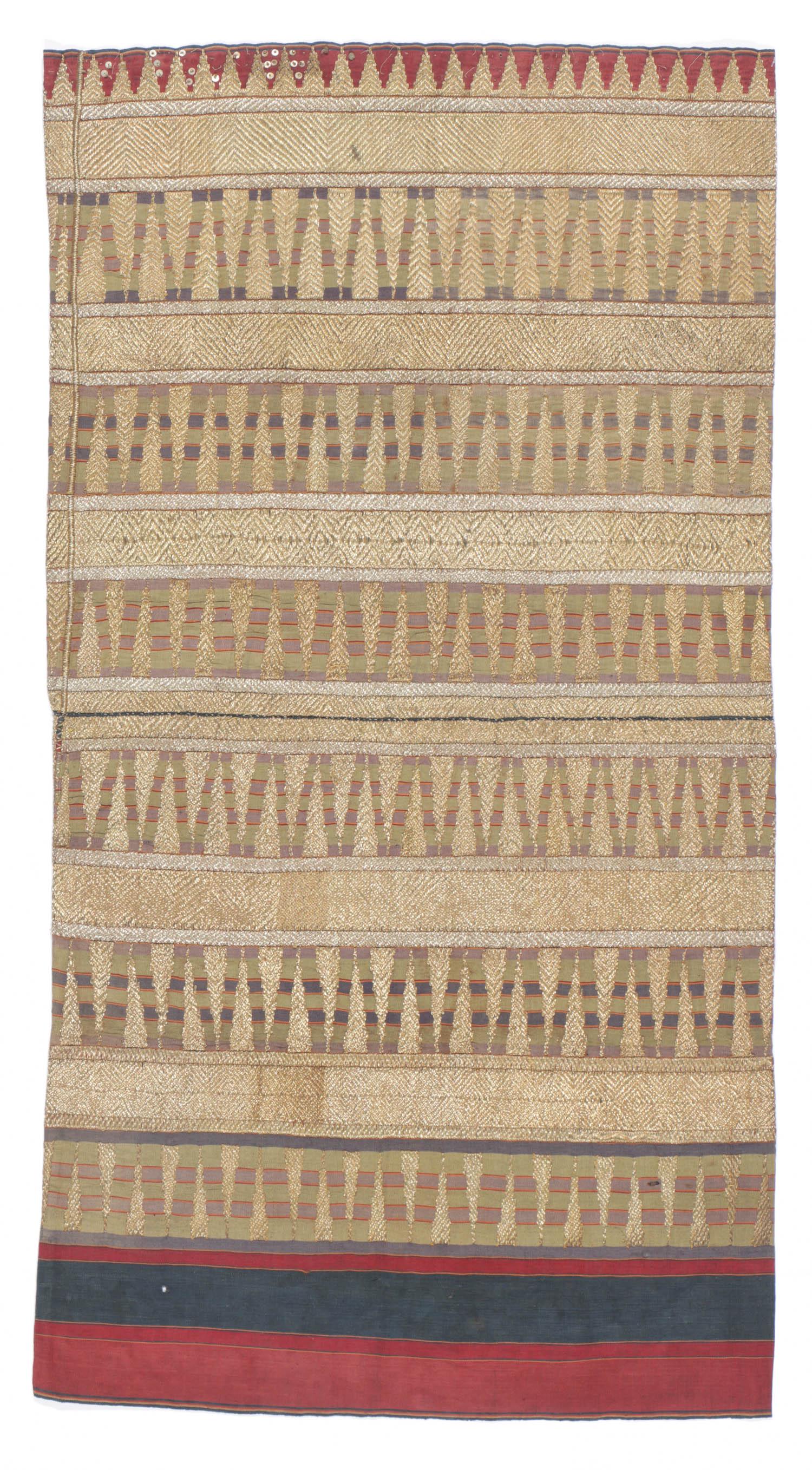 Antique Ceremonial Tapis with Gold Thread: Antique Ceremonial Tapis with Gold Thread. Ceremonial sarong, "tapis", couched metallic thread, silk, cotton, early 20th century, Lampung, Sumatra. Tapis are heavily ornamented ceremonial sarongs made