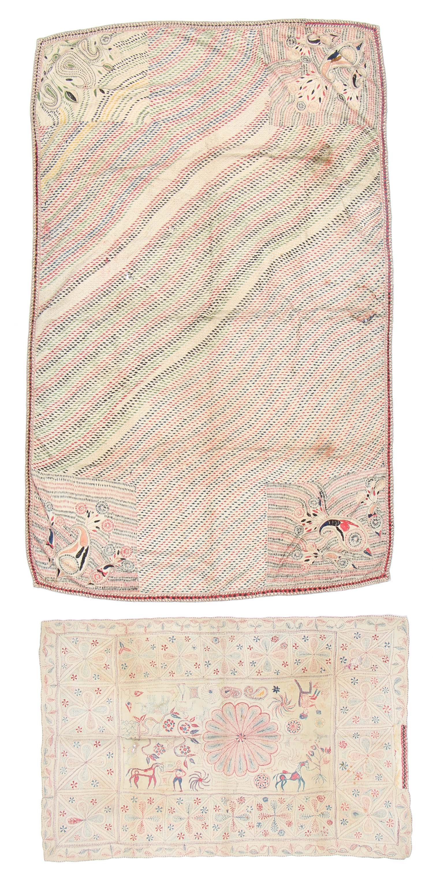 Two Kantha Embroidered Textiles, West Bengal, India: Two Kantha Embroidered Textiles, West Bengal, India. Including one cotton coverlet with lotus center, running stitch; and one kantha, cross-stitched cotton, late 19th/early 20th century. Sizes: 1) 75'