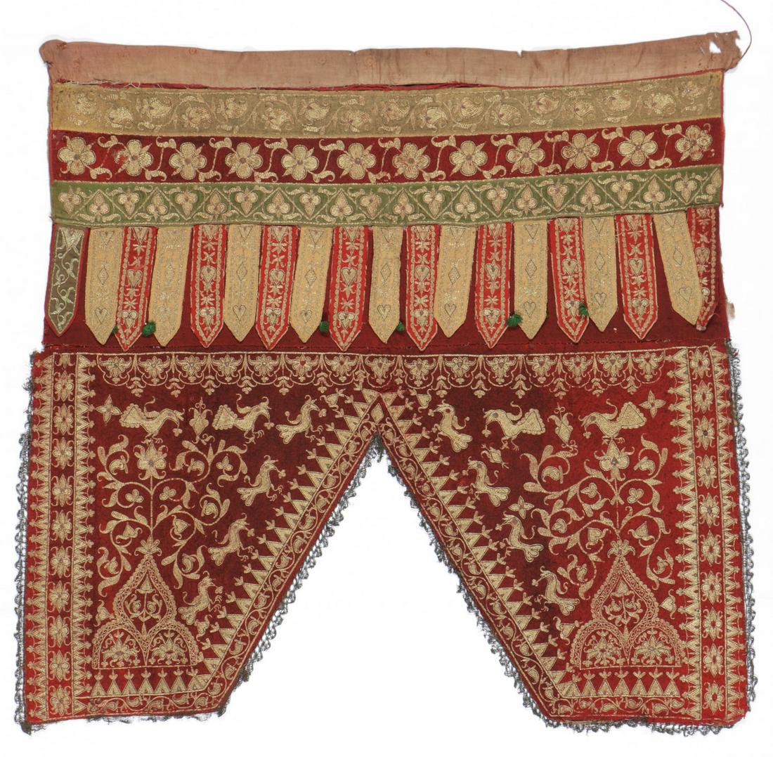 Antique Ceremonial Hanging "Tirai," Sumatra: Antique Ceremonial Hanging, "Tirai," Sumatra. Couched metal-wrapped thread, late 19th/early 20th century, Aceh, Sumatra. Size: 36'' x 36'' (91 x 91 cm). Provenance: Apsara Arts of Asia. Please Note: T
