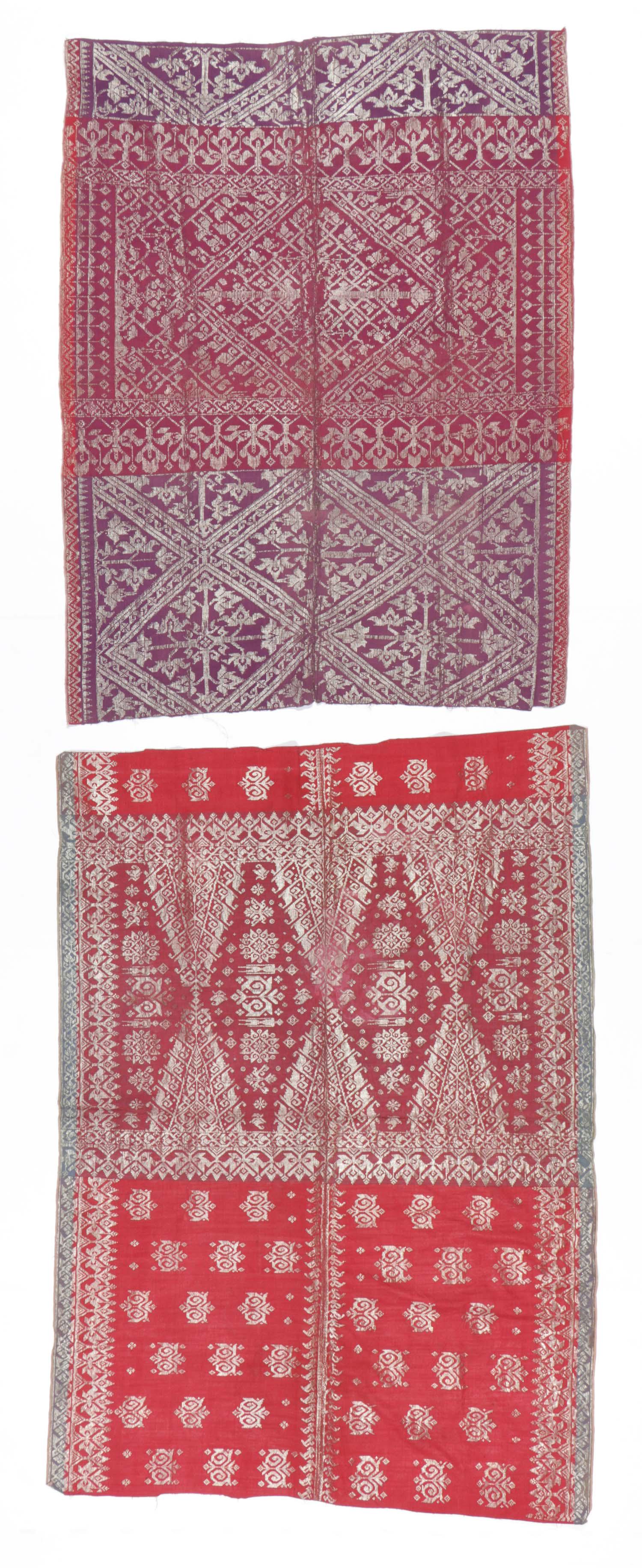 Two Indonesian Nobleman's Ceremonial Skirt Cloths: Two Indonesian Nobleman's Ceremonial Skirt Cloths. "Kre alang sarong", cotton with metallic thread supplementary weave, Semawa people, Sumbawa, Indonesia. Sizes: 1) 61'' x 47'' (155 x 119 cm); 2) 67''