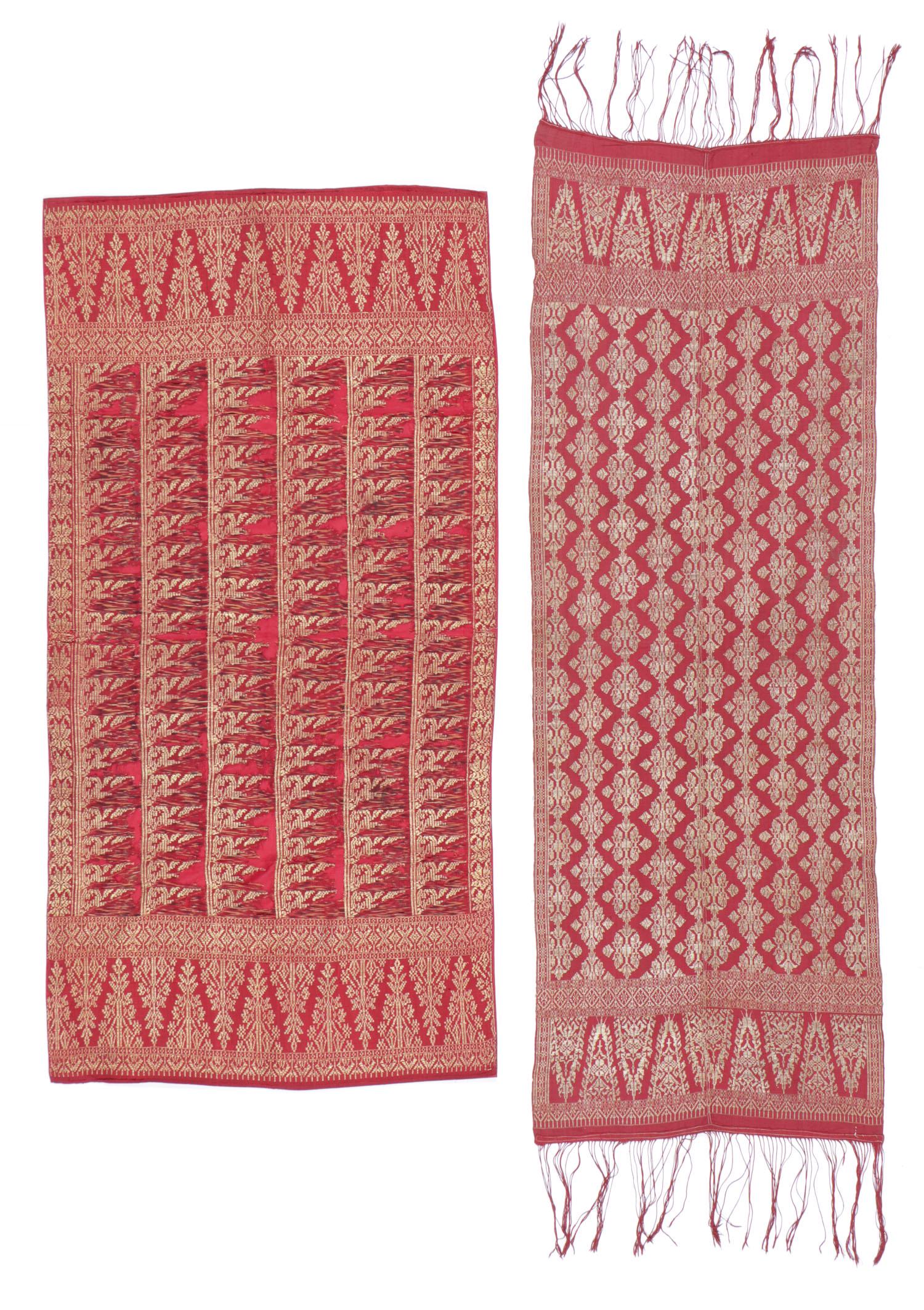 Two Balinese Songket Textiles, Early 20th C.: Two Balinese Songket Textiles, early 20th Century. One saput, hipcloth, ikatted silk with metal-wrapped thread songket; and one songket from Singaraja, early 20th c., Indonesia. Sizes: 1) 51'' x 26'' 