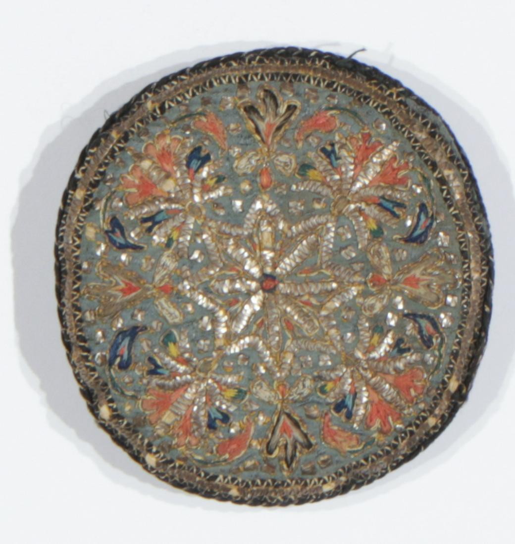 Persian Pin Cushion with Silver, 19th Century.: Persian Pin Cushion with Silver, 19th Century. Embroidered silk with silver sheathing. Iran. Size: 4'' x 4'' (10 x 10 cm). Provenance: Apsara Arts of Asia. Please Note: There Are No Hidden or Confiden