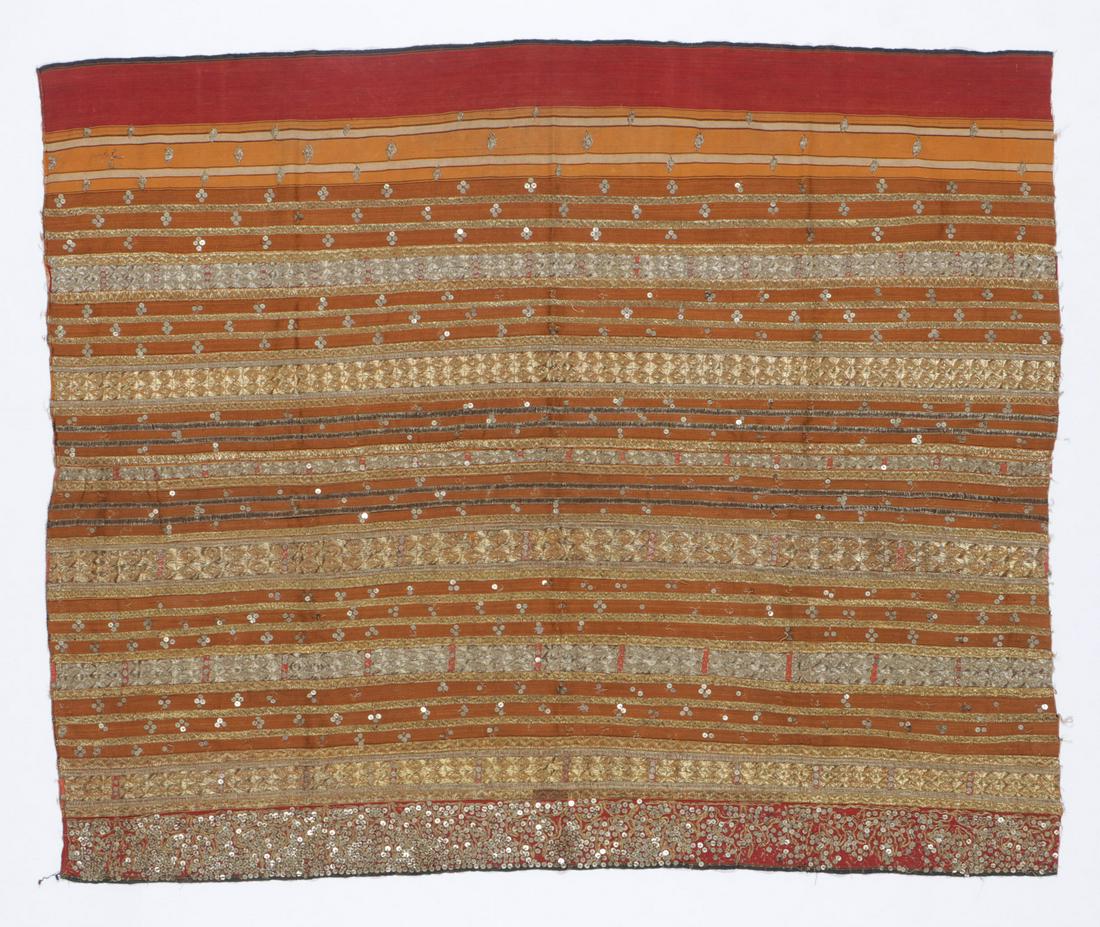 Antique Woman'a Ceremonial Skirt Textile, Tapis: Antique Woman's Ceremonial Skirt Textile, Opened tapis Lampung on oxblood ochre and brown background with skilled goldwork and sequins. Sumatra, Indonesia. Size: 41'' x 49'' (104 x 124 cm). Please Not