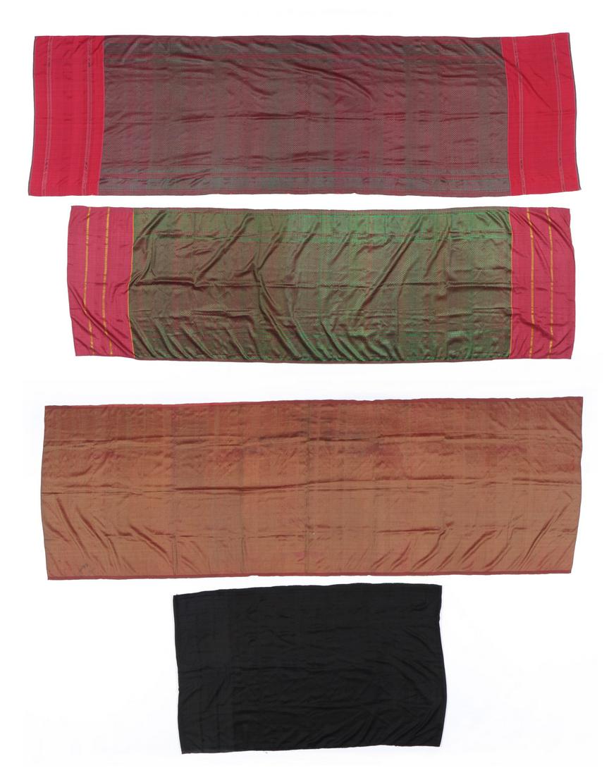 4 Cambodian Silk Textiles, Weft Faced Twill: 4 Cambodian silk textiles including: 3 samphot pamuong weft faced twills in burgundy and green, three thread technique resulting in a gold and red pattern on one side and a primarily green pattern on 