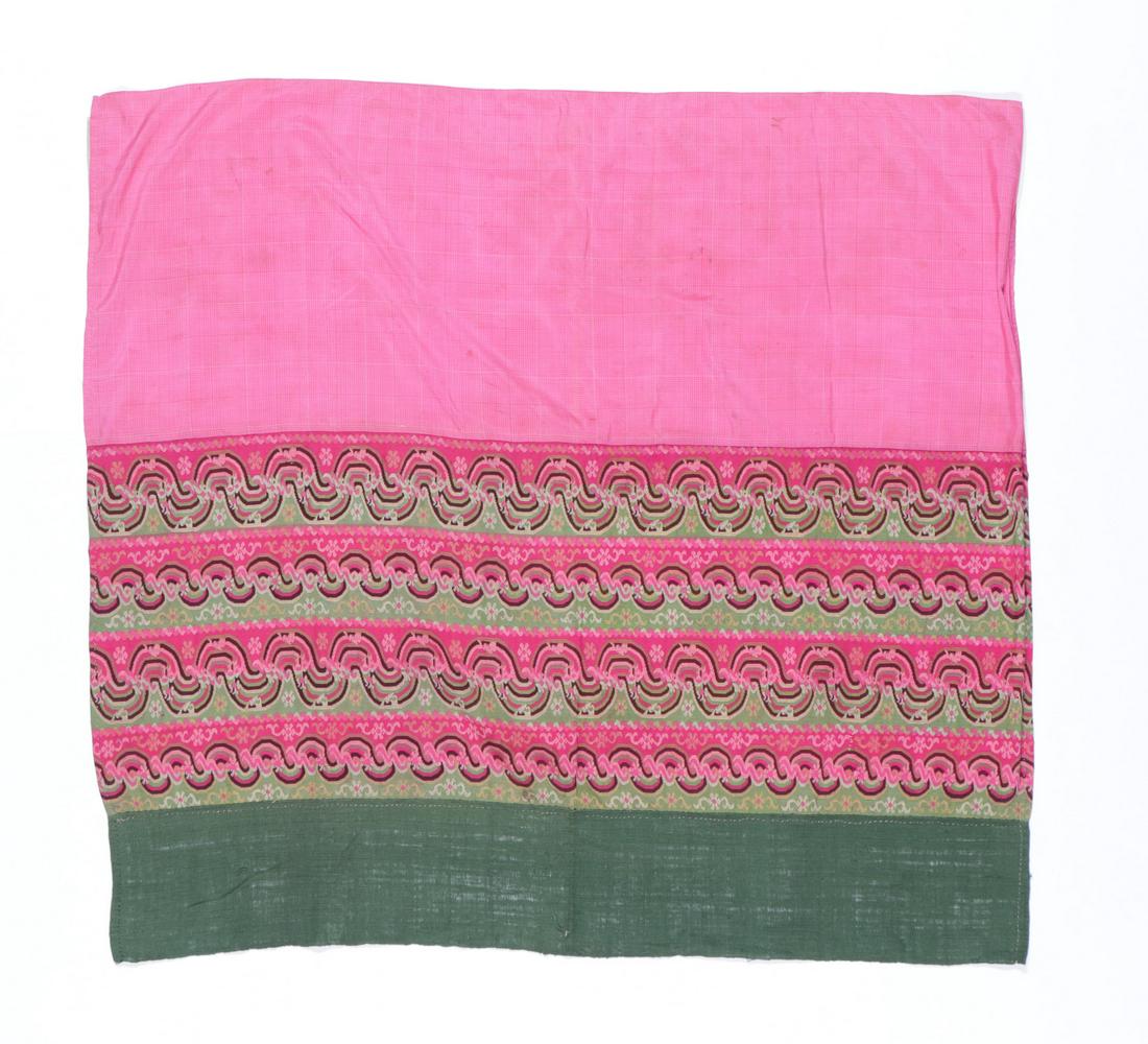 19th c Burmese Woven Silk Longyi Textile: 19th c Burmese longyi woven using Luntaya-Acheik method (100 shuttles interlocking weave technique), silk, Myanmar. Size: 46.25'' x 52'' (117 x 132 cm). Provenance: Private South Carolina Collection. 