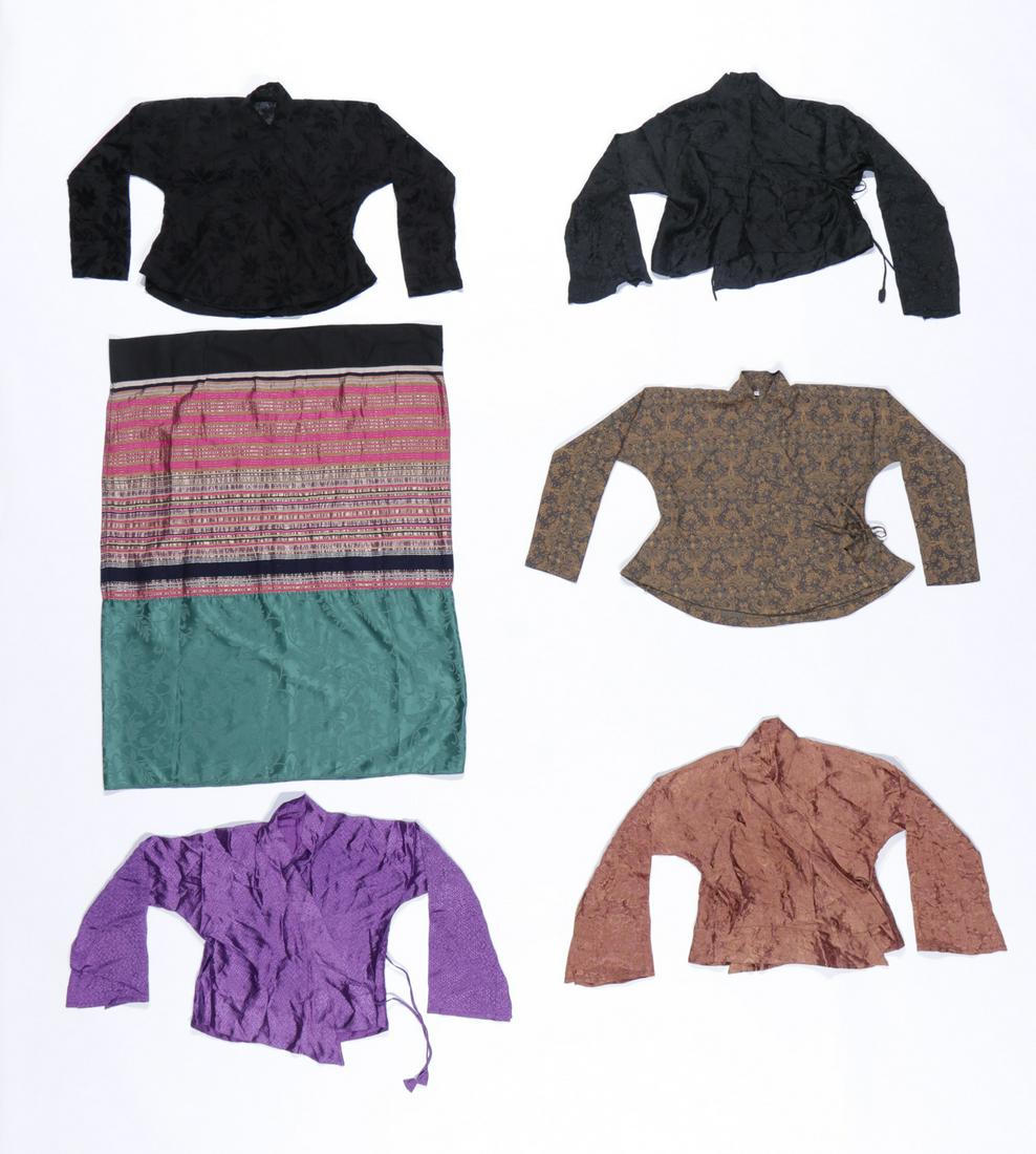 Lot of Vintage Thai Khoen Textiles, Myanmar: Lot of vintage Thai Khoen Burmese textiles from Shan state including of 5 women's silk tops and handwoven silk skirt, 20th c, Myanmar. Ranging in size from: 40'' x 30'' (102 x 76 cm) to 21.5'' x 56.5'