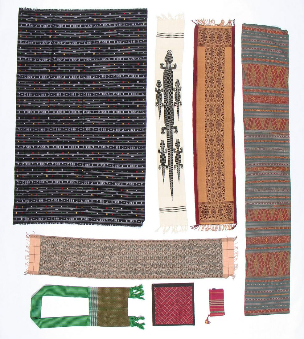 Eight Hand-woven Textiles from Asia and Africa: Eight Hand-woven Textiles from Asia and Africa. Including: Longyi (skirt), Haka, Myanmar, shoulder cloth, Chin, Myanmar, purse, ChinMyanmar, shoulder cloth, Chin, Myanmar, shoulder bag, Northern Chin,