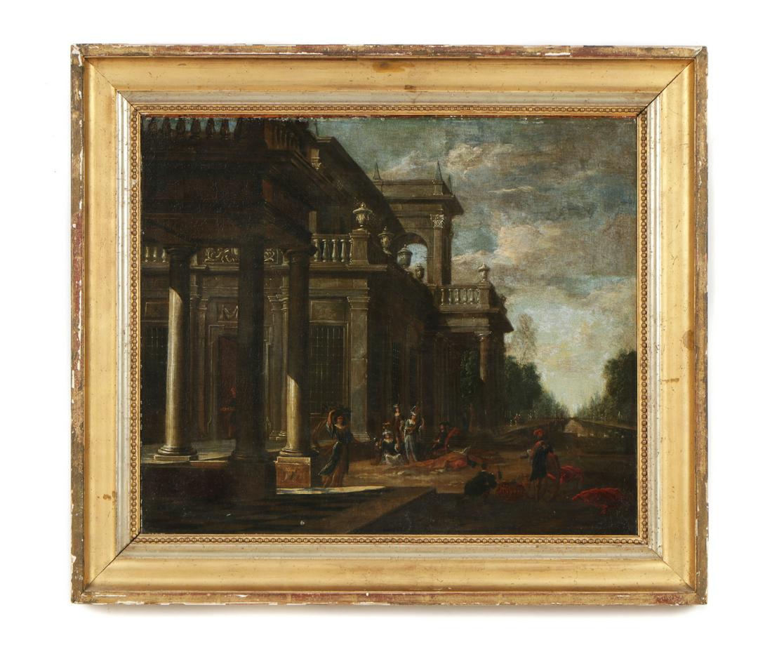 Fine Antique Flemish Painting Attributed to Jacobus: Fine Antique Flemish Painting Attributed to Jacobus Balthasar Peeters (c. 1650-1730) "Party in the Courtyard of a Baroque Palace", oil painting on canvas, relined. Size: 19'' x 23'', 48 x 58 cm (sight
