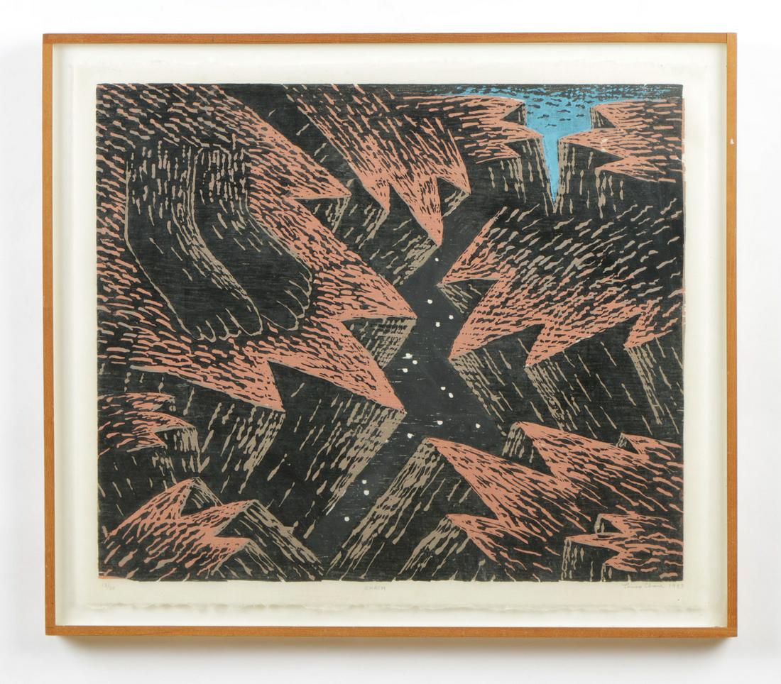 Louisa Chase (American, 1951-2016) Woodcut: Louisa Chase (American, 1951-2016) "Chasm," 1983.Woodcut on Seichosen Kozo paper, pencil signed, dated, titled and numbered: 13/30. Published by Diane Villani Editions, New York. Verso bears paper lab