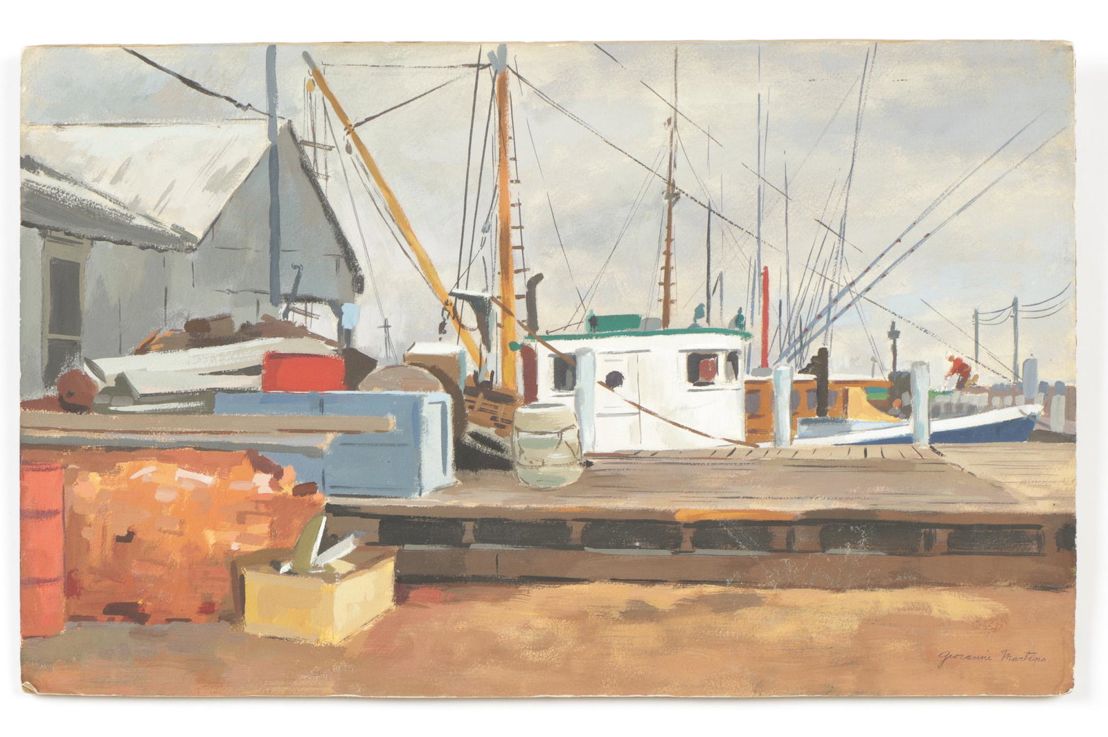 Giovanni Martino (American, 1908-1997): Giovanni Martino (American, 1908-1997) "Boats," tempera on board, signed. Unframed. Size: 12.25'' x 19.75'', 31 x 50 cm (board). Net proceeds from the sale of this lot will be donated to the Pennsylva
