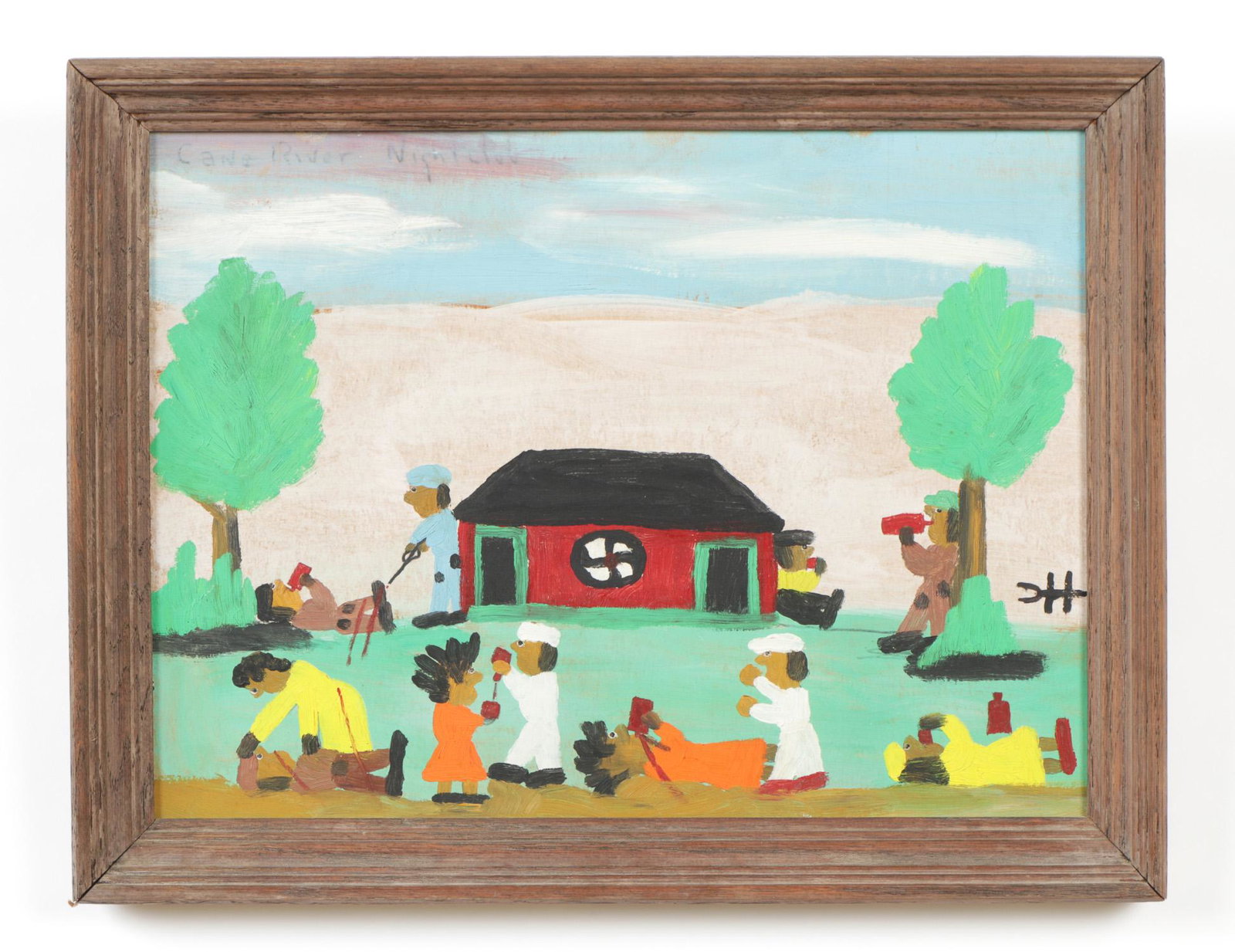 Clementine Hunter (American, 1886-1988) "Cane River: Clementine Hunter (American, 1886-1988) "Cane River Nightclub," oil on board, signed with monogram and titled. Framed. Size: 12'' x 16'', 30 x 41 cm (board); 14'' x 18'', 36 x 46 cm (frame).