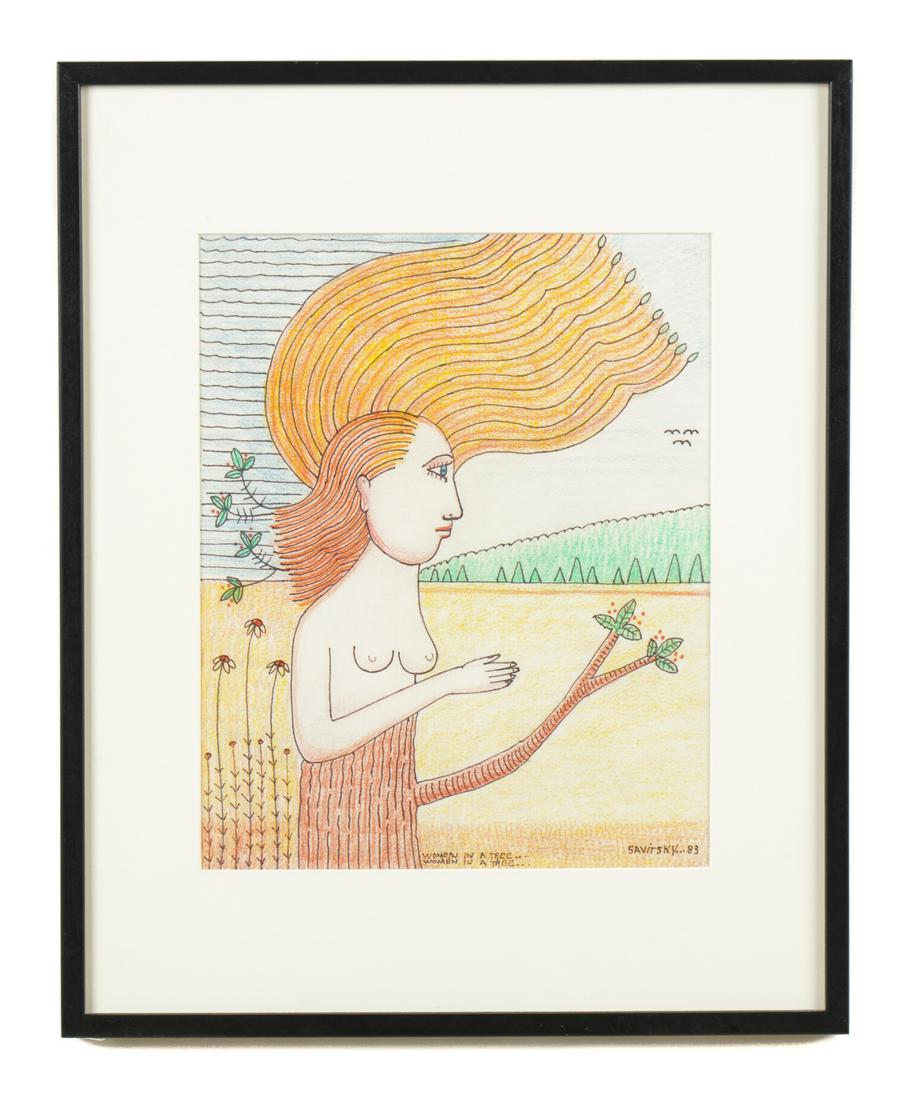 Jack Savitsky (American, 1910-1991): Jack Savitsky (American, 1910-1991) "Woman in a Tree," 1983, mixed media. Framed. Size: 13.5'' x 10.75'', 34 x 27 cm (sight); 20.75'' x 16.75'', 53 x 43 cm (frame). Provenance: Richard Edson Collectio