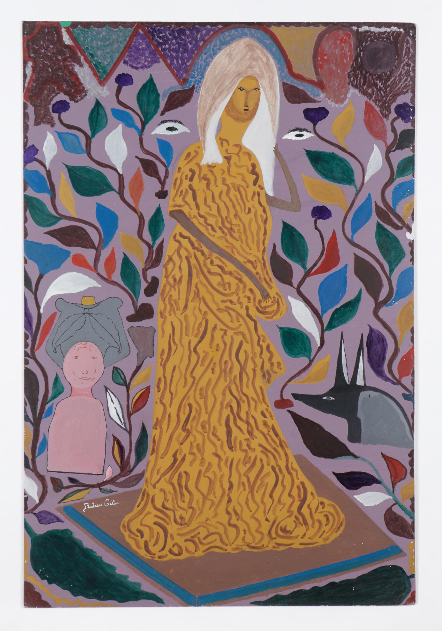 Gelin Buteau (Haitian, 1954-2000) "Erzulie": Gelin Buteau (Haitian, 1954-2000) "Erzulie", Oil painting on masonite, 1991, signed. Unframed. Size: 36'' x 24'', 91 x 61 cm (board).