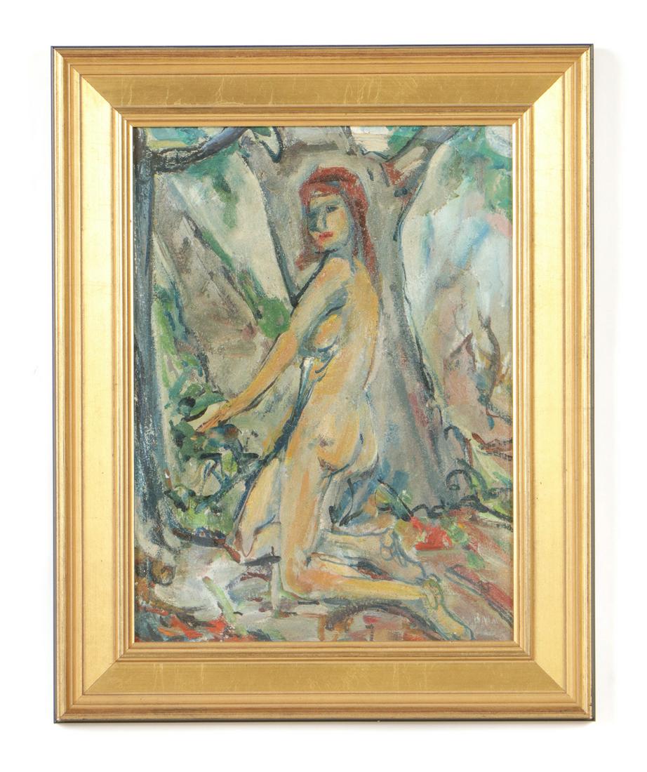 Walter Emerson Baum (American, 1884-1956): Walter Emerson Baum (American, 1884-1956) "Woodland Figure" oil on board, signed; verso signed and titled. Framed. Size: 13.75'' x 10'', 35 x 25 cm (board); 17.25'' x 14'', 44 x 36 cm (frame).