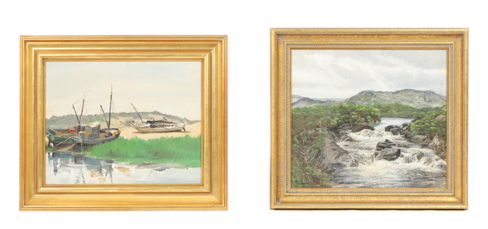 T. Everard Spence (Irish, 1899-1992): T. Everard Spence (Irish, 1899-1992) "Dawros Bridge Falls, Tully Cross, Connemara, Ireland" oil painting on canvas. Signed and dated. Framed. Together with a painting of a Fishing Boats on Shore, arti
