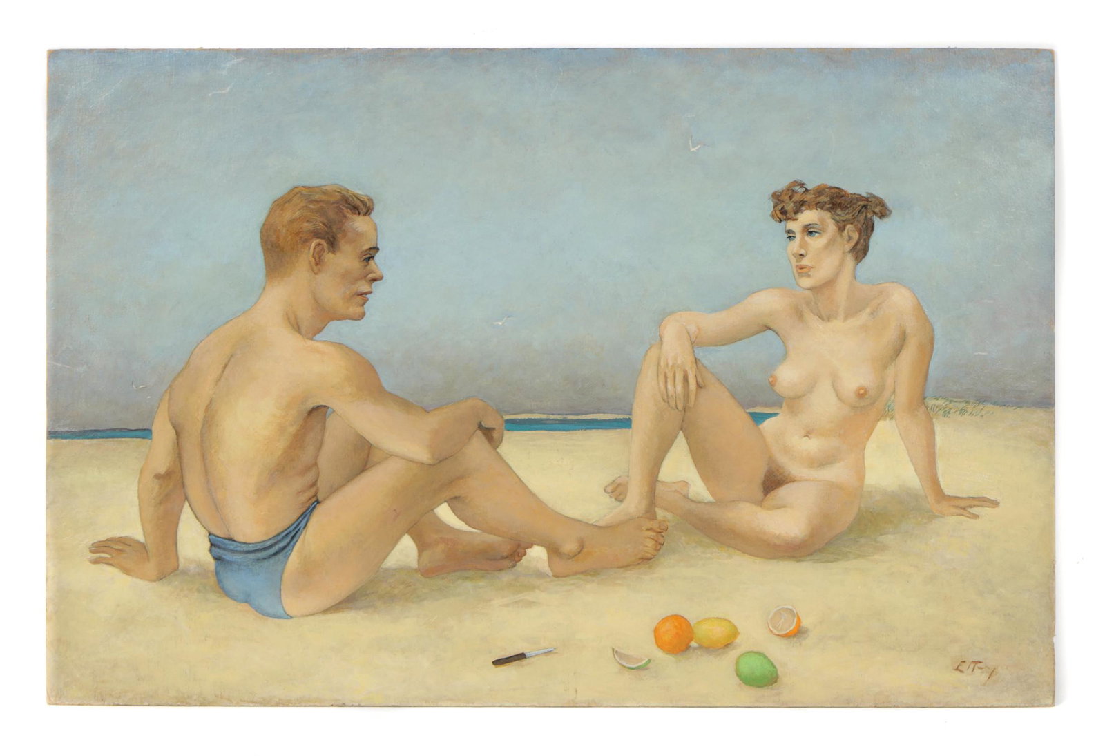 Emlen Etting (American, 1905-1993): Emlen Etting (American, 1905-1993) "Picnic by the Sea," 1939, oil painting on board, signed; verso titled and dated. Unframed. Size: 19'' x 29.5'', 48 x 75 cm.