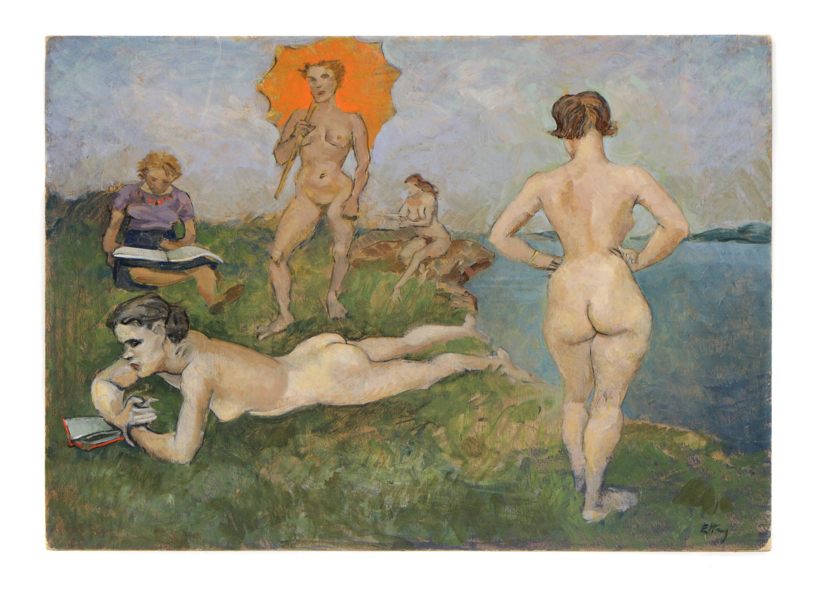 Emlen Etting (American, 1905-1993): Emlen Etting (American, 1905-1993) "Afternoon Off," 1939, oil painting on board, signed; verso titled and dated. Unframed. Size: 20.75'' x 29'', 53 x 74 cm.