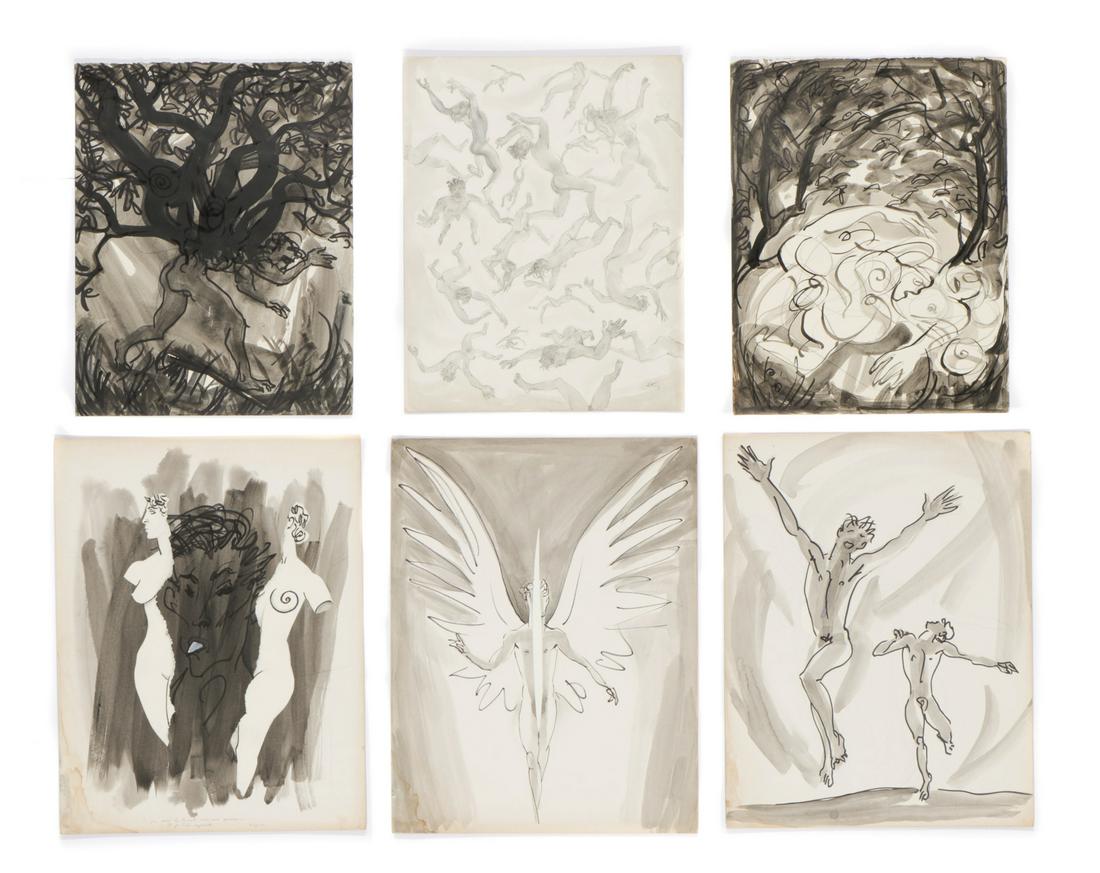 Emlen Etting (American, 1905-1993): Emlen Etting (American, 1905-1993) Group of Six Works, mixed media on board, 1 Signed; all with French inscriptions verso. Unframed. Sizes ranging from: 19'' x 15'', 48 x 38 cm to 21'' x 16.5'', 53 x