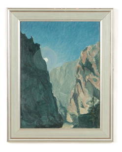 Kenneth Stevens MacIntire (American, 1891-1979): Kenneth Stevens MacIntire (American, 1891-1979) Untitled (Canyon Moon), oil painting on board, signed. Framed. Size: 16'' x 12'', 41 x 30 cm (board); 19.75'' x 15.75'', 50 x 40 cm (frame).