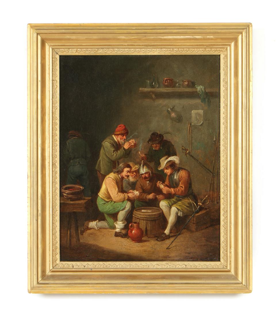 Continental School (Late 19th Century): Continental School (Late 19th Century) Untitled (Card Game), oil on canvas, signed illegibly. Framed. Size: 16'' x 12.5'', 41 x 32 cm (stretcher); 20'' x 16.5'', 51 x 42 cm (frame).
