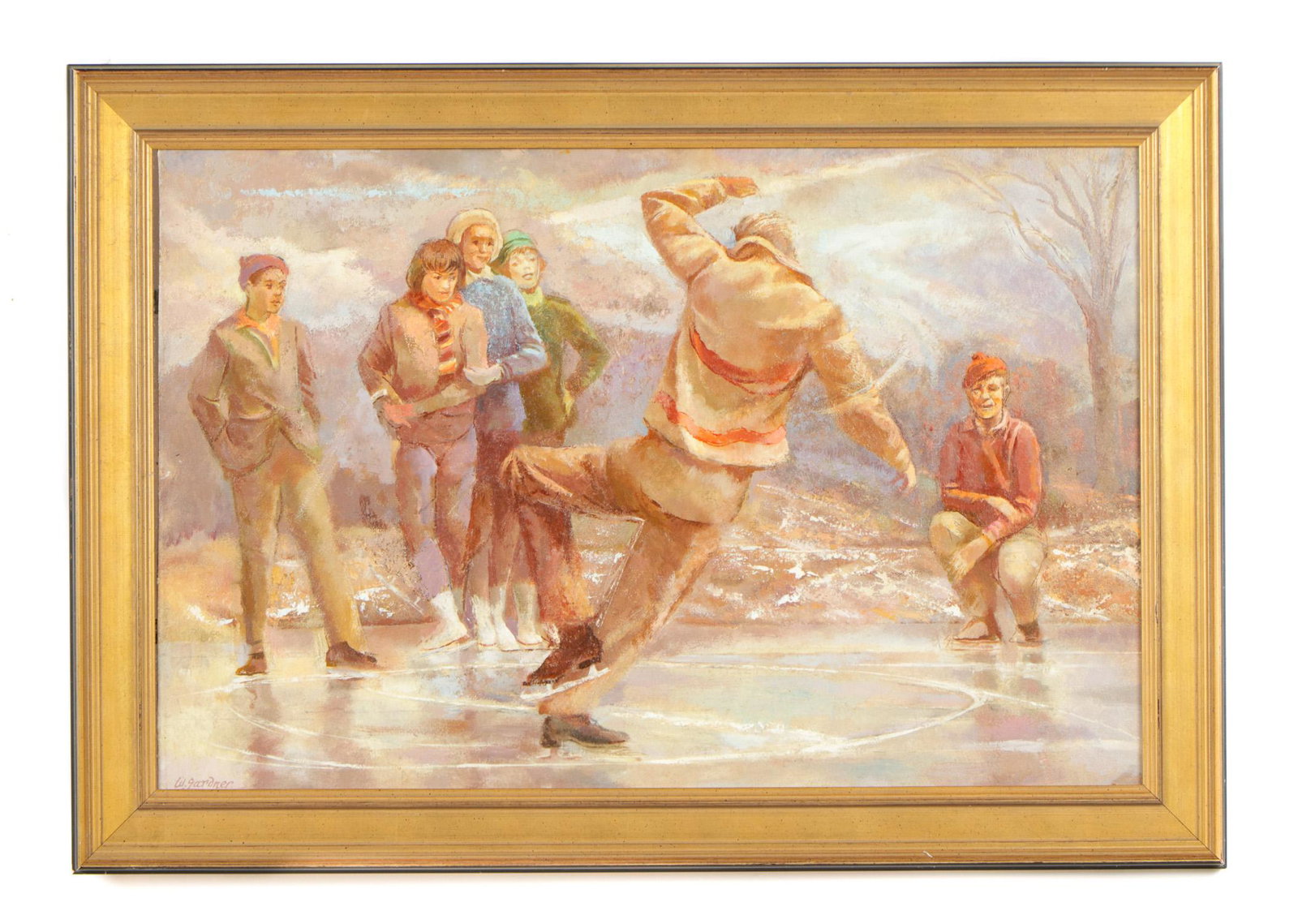 W. Gardner (20th Century) Oil Painting: W. Gardner (20th Century) Untitled (Ice Skating,) oil painting on board, signed. Framed. Size: 16'' x 24.75'', 41 x 63 cm (board); 20'' x 28.75'', 51 x 73 cm (frame).