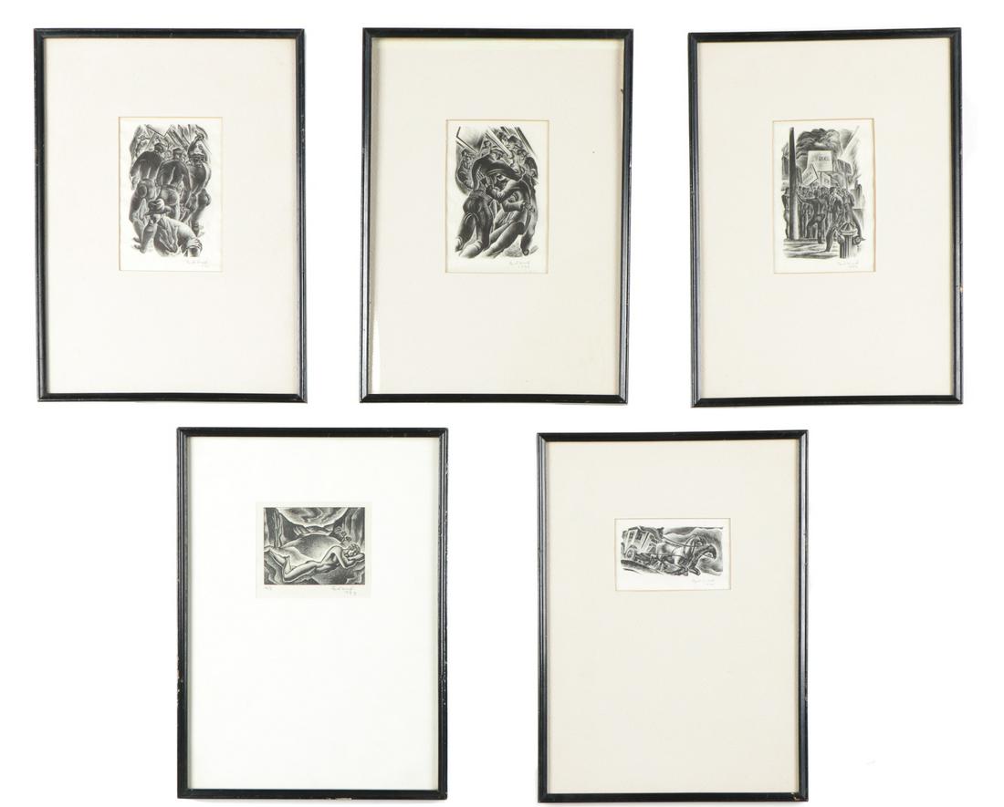Lynd Kendall Ward (American, 1905â€“1985) 5 Engravings: Lynd Kendall Ward (American, 1905-1985) Group of Five Wood Engravings, signed and dated 1933 or 1934. Framed. Sizes ranging from 2" x 4", 5 x 10 cm to 5" x 3.25", 13 x 8 cm (images); 14.5" x 10.5", 37