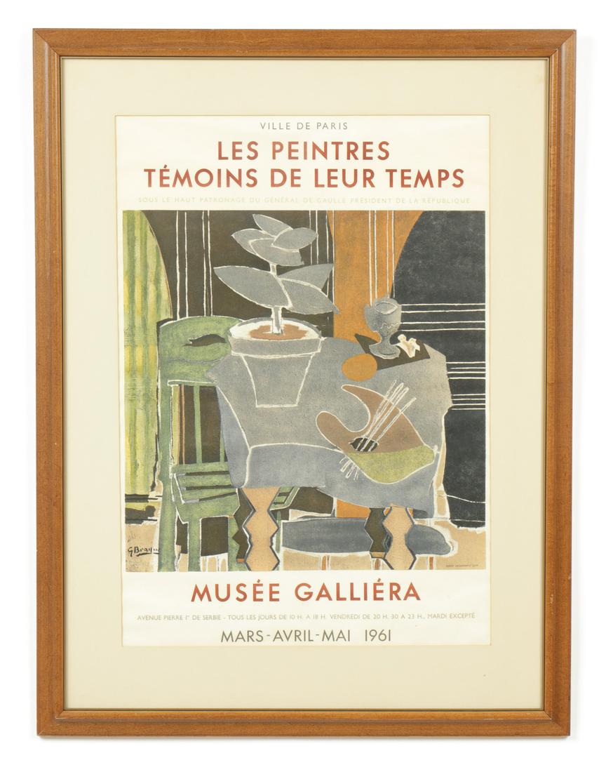 Georges Braque (French, 1882-1963) Les peintres,: Georges Braque (French, 1882-1963) "Les peintres, temoins de leur temps, Musee Galleria," 1961, lithographic poster. Framed. Size: 27'' x 19'', 69 x 48 cm (sight); 36.5'' x 27.75'', 93 x 70 cm (frame)