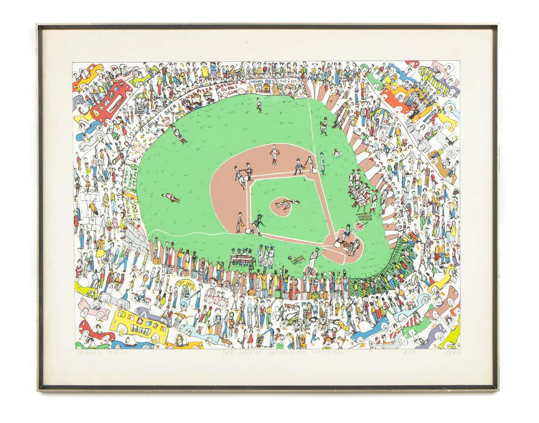 James Rizzi (American, 1950-2011): James Rizzi (American, 1950-2011) "The Great American Pastime," 1982. Screen print. Signed, dated, titled and numbered: "A/P." Framed. Size: 17.5'' x 23.5'', 44 x 60 cm (image); 22.25'' x 28'', 57 x 7