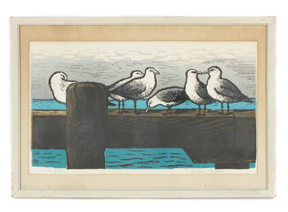 Woldemar Neufeld (Russian/American, 1909-2002): Woldemar Neufeld (Russian/American, 1909-2002) "Sea Gulls," woodblock print, signed, titled and numbered: 5/50. Framed. Size: 15'' x 27'', 38 x 69 cm (sight); 21.5'' x 31.5'', 55 x 80 cm (frame).